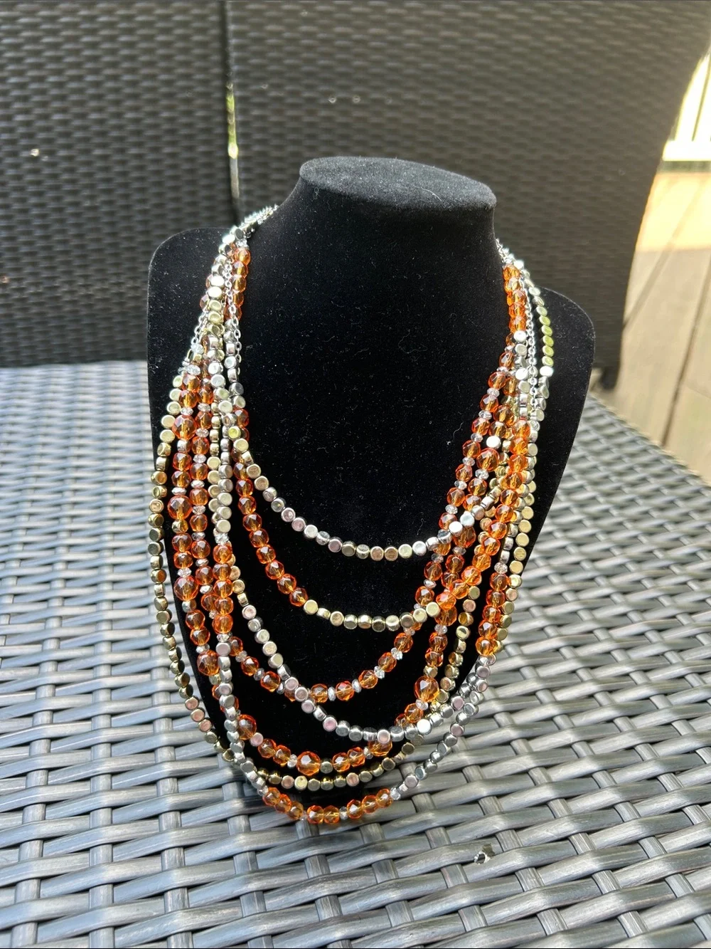 White House Black Market Amber and Silver Multi‑Strand Beaded Necklace
